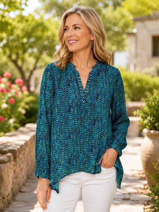 Notations Tops - Notations Women's Bandiera Printed Blouse Long Sleeve Size XL